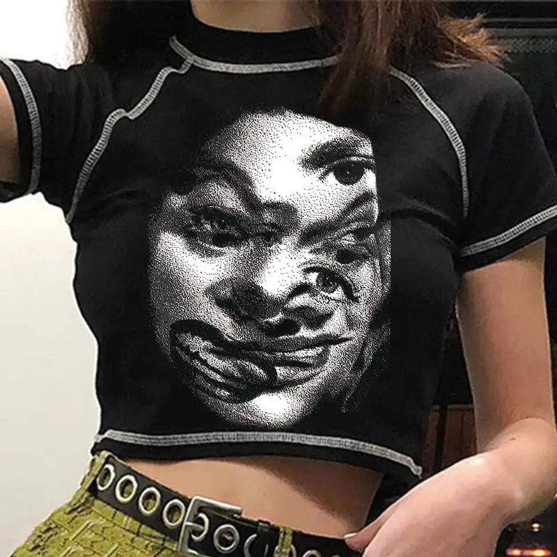 Gothic Human Face Sketch Crop Top