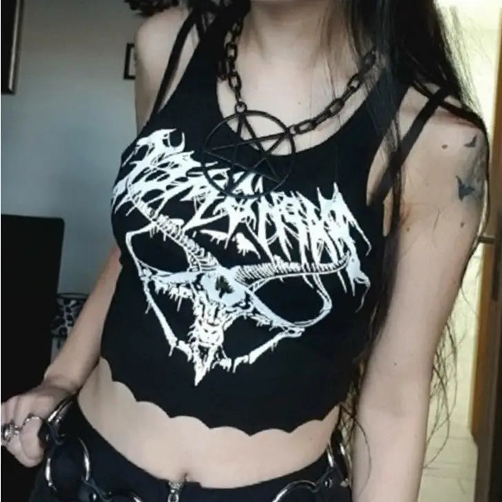 Gothic Knitted Punk Black Tank Top Crop Tee black / L