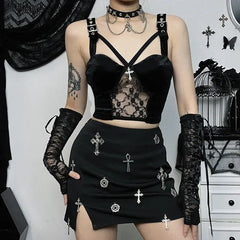 Gothic Lace Hollow Cross Detail Crop Top - crop top