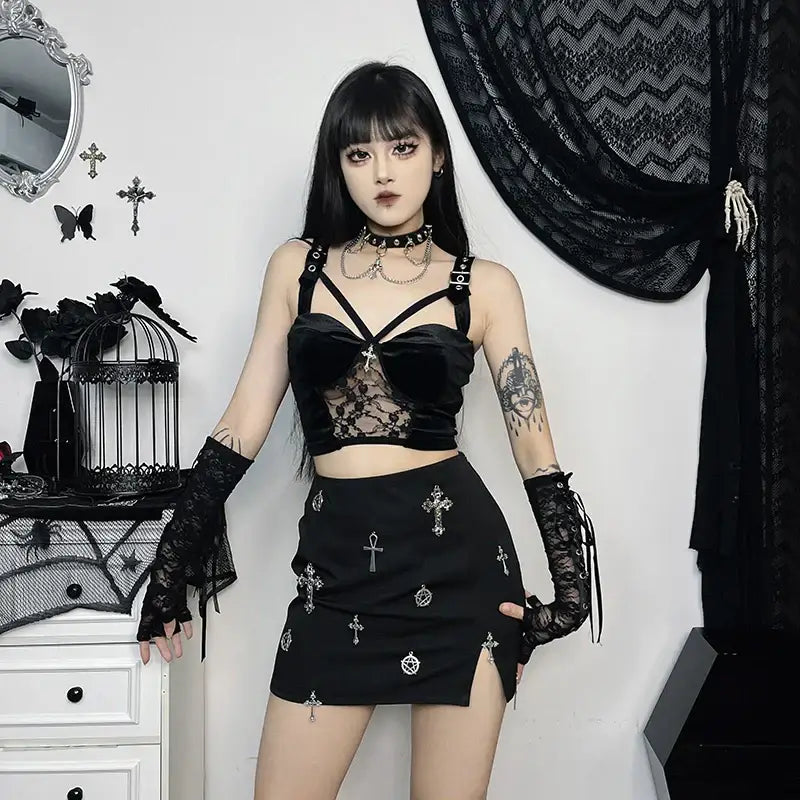 Gothic Lace Hollow Cross Detail Crop Top