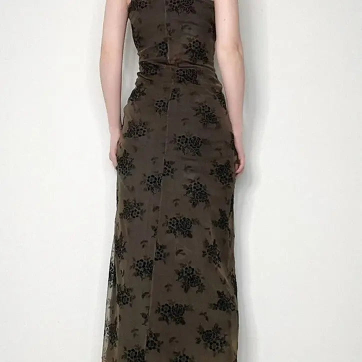 Gothic Mesh Long Dress with Flower Dark Print