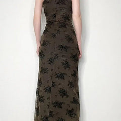 Gothic Mesh Long Dress with Flower Dark Print