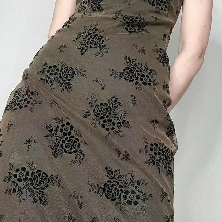 Gothic Mesh Long Dress with Flower Dark Print