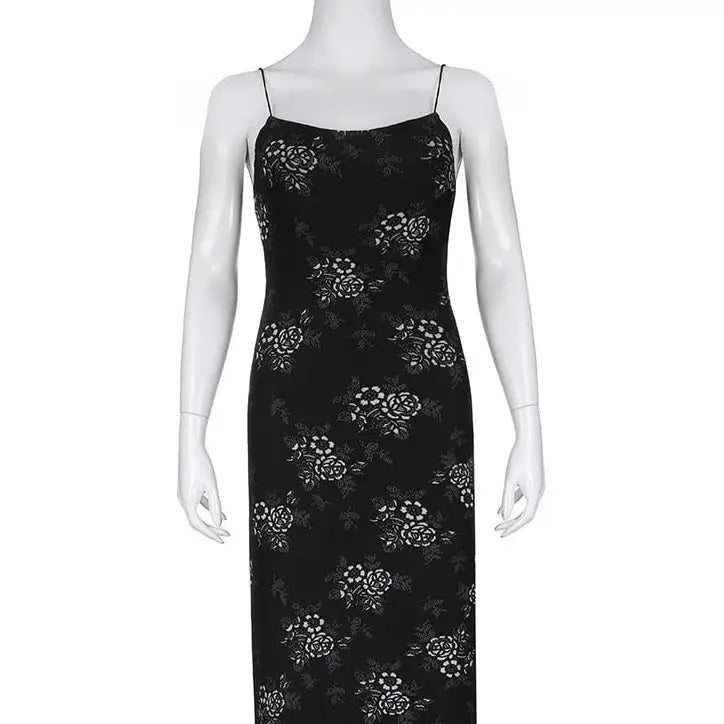 Gothic Mesh Long Dress with Flower Dark Print Black White