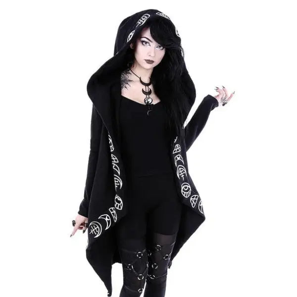 Gothic Moon Phases Coat with Oversized Hood Black / S