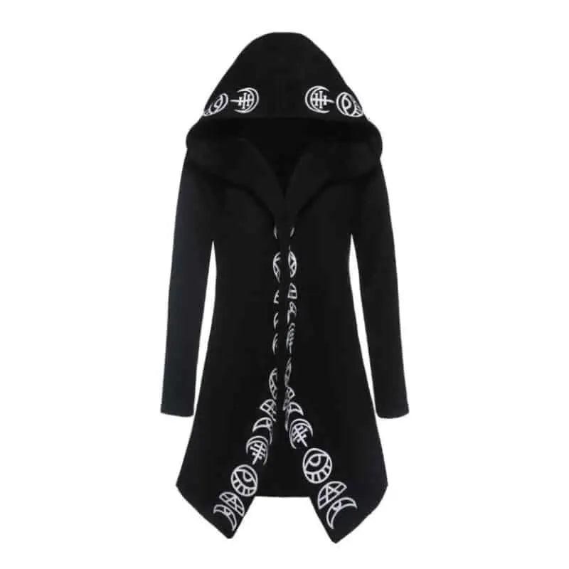 Gothic Moon Phases Coat with Oversized Hood