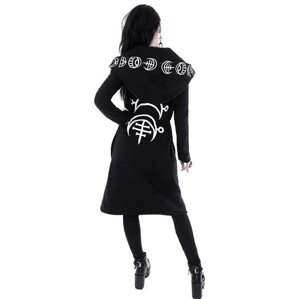 Gothic Moon Phases Coat with Oversized Hood