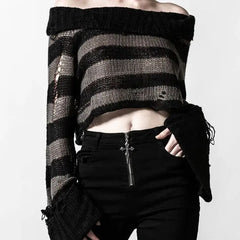 Gothic One Shoulder Stripe Short Sweater