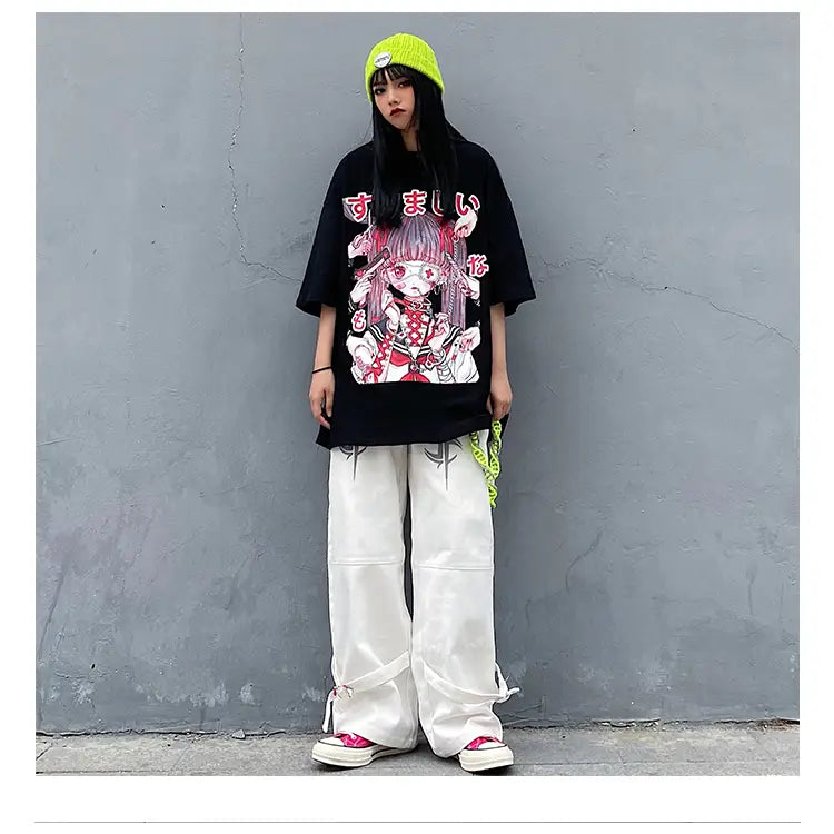 Gothic Oversize T Shirt Doll Hurt Black and White Style