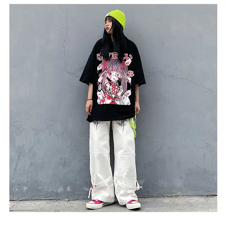 Gothic Oversize T Shirt Doll Hurt Black and White Style