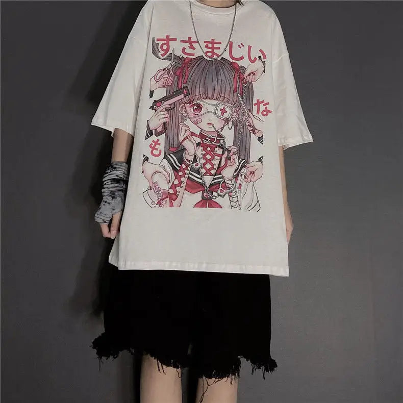 Gothic Oversize T Shirt Doll Hurt Black and White Style / M