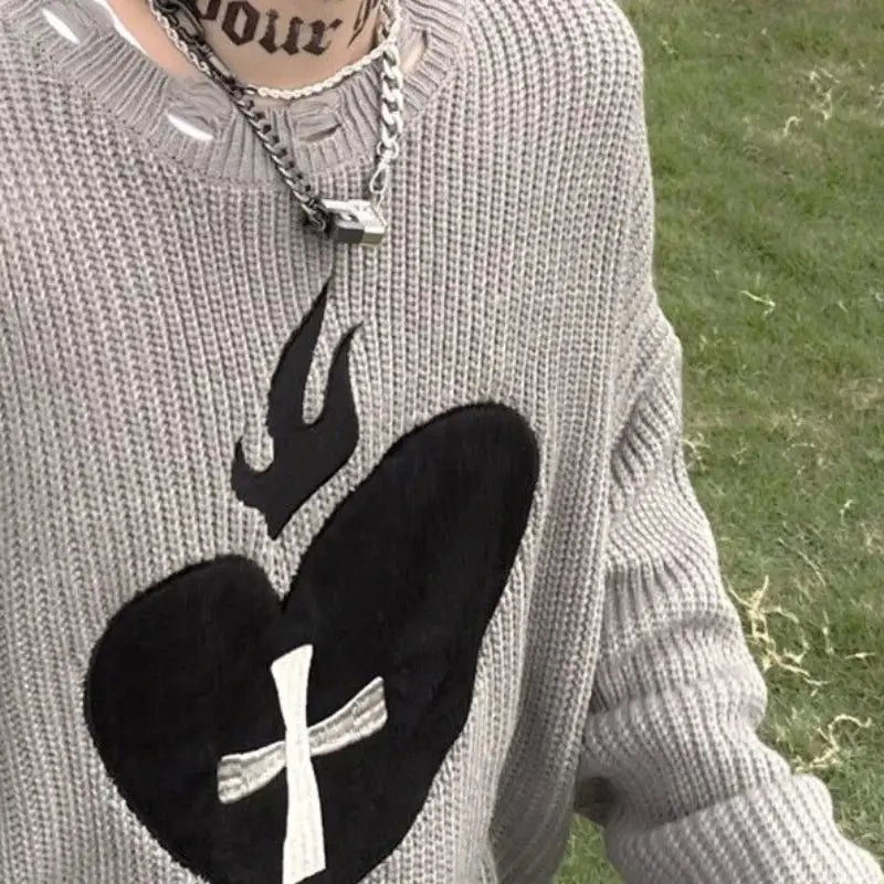 Gothic Oversized Heart Knitted Long Sleeve Sweatshirt