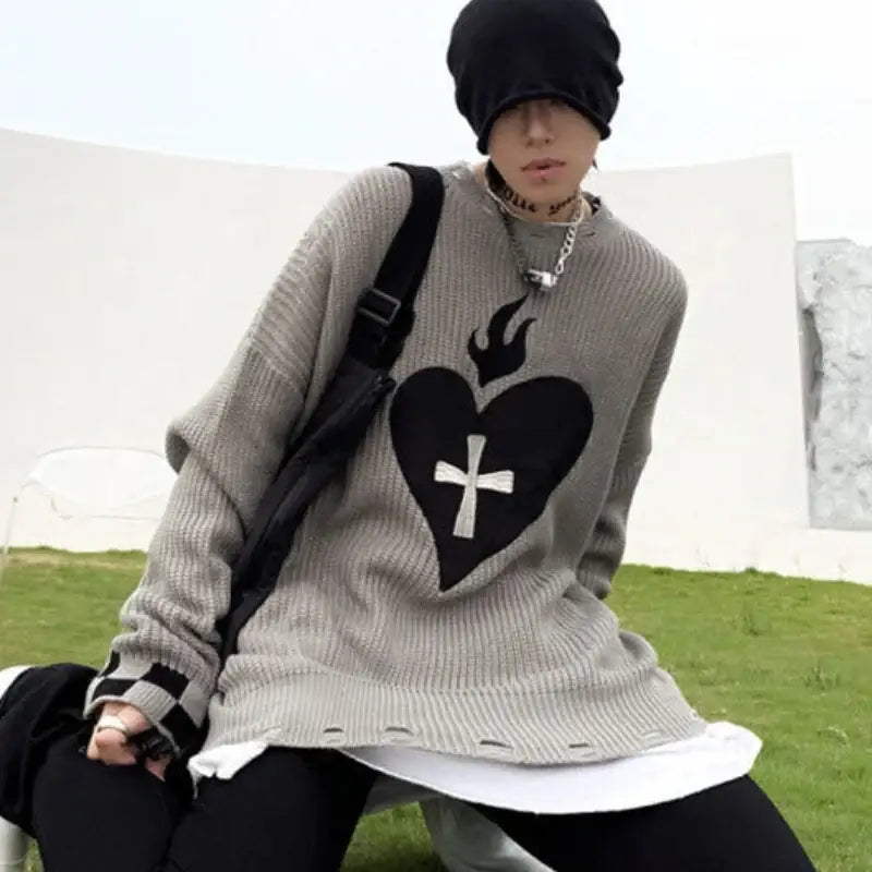Gothic Oversized Heart Knitted Long Sleeve Sweatshirt