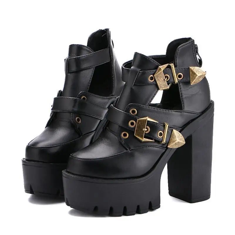 Gothic Platform PU Vegan Leather Double Buckle Boots Black