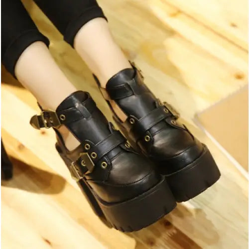 Gothic Platform PU Vegan Leather Double Buckle Boots