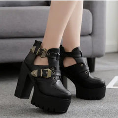 Gothic Platform PU Vegan Leather Double Buckle Boots