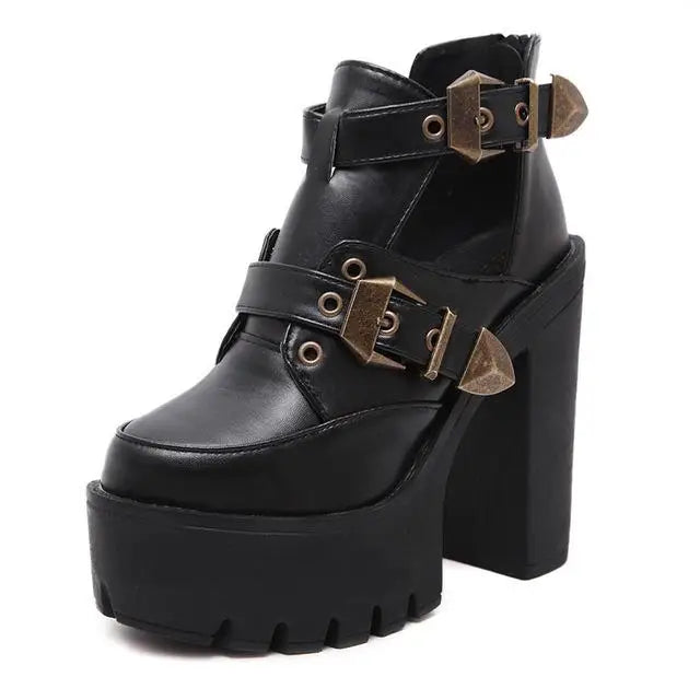 Gothic Platform PU Vegan Leather Double Buckle Boots