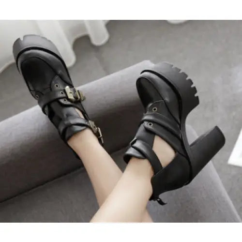 Gothic Platform PU Vegan Leather Double Buckle Boots