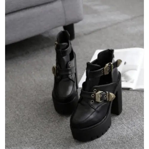 Gothic Platform PU Vegan Leather Double Buckle Boots