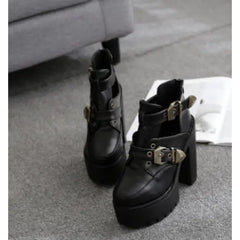 Gothic Platform PU Vegan Leather Double Buckle Boots