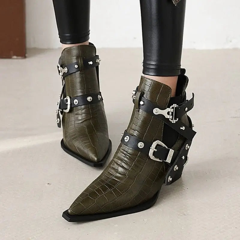 Gothic Pointed Toe Square Heels Ankle Boots