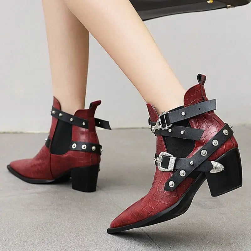 Gothic Pointed Toe Square Heels Ankle Boots