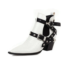 Gothic Pointed Toe Square Heels Ankle Boots Euro Size White
