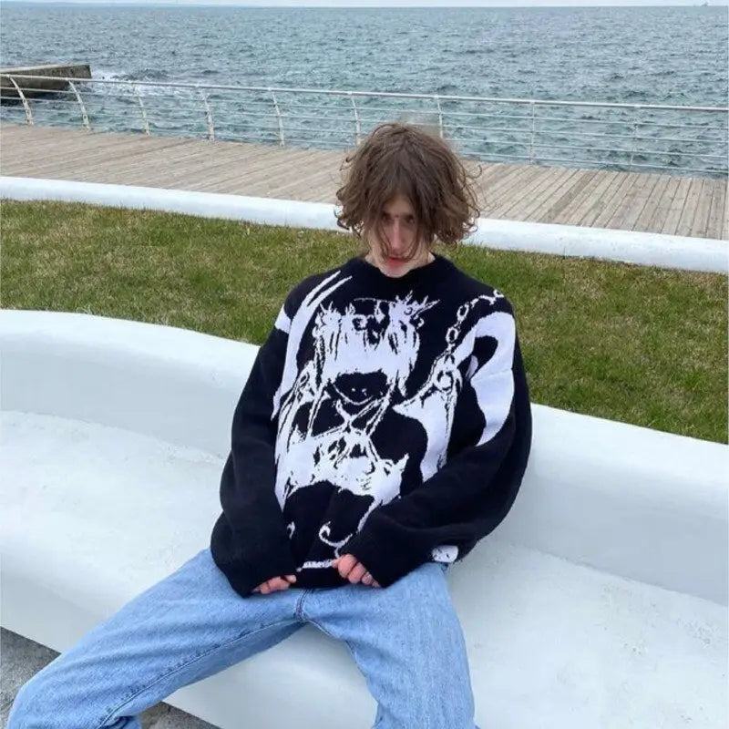 Gothic Printed Loose Knitted Sweater for Women