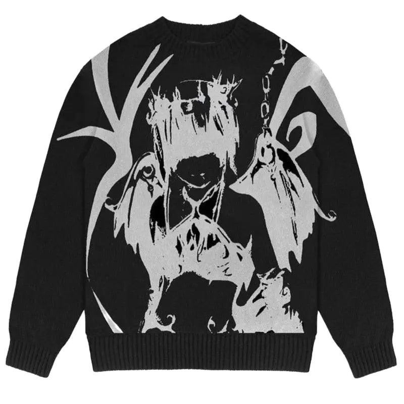 Gothic Printed Loose Knitted Sweater for Women Black / M