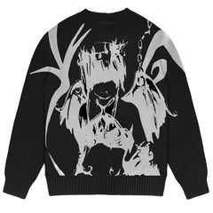 Gothic Printed Loose Knitted Sweater for Women Black / M