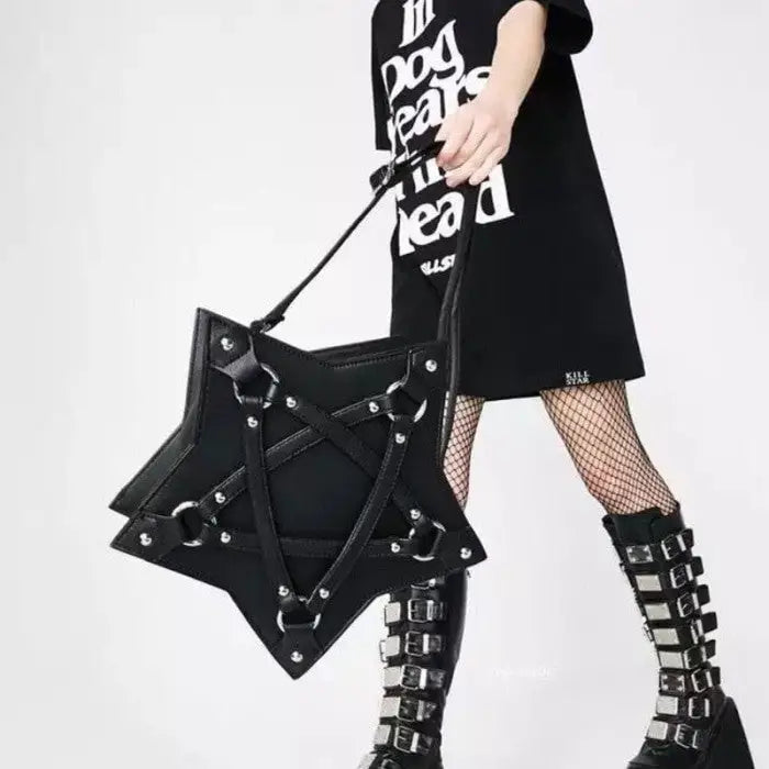 Gothic PU Leather Pentagram Star Dark Shoulder Bag Black