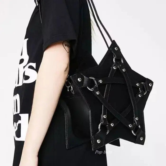 Gothic PU Leather Pentagram Star Dark Shoulder Bag Black