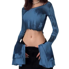 Gothic Punk Aesthetic Mesh Crop Top - Blue / S