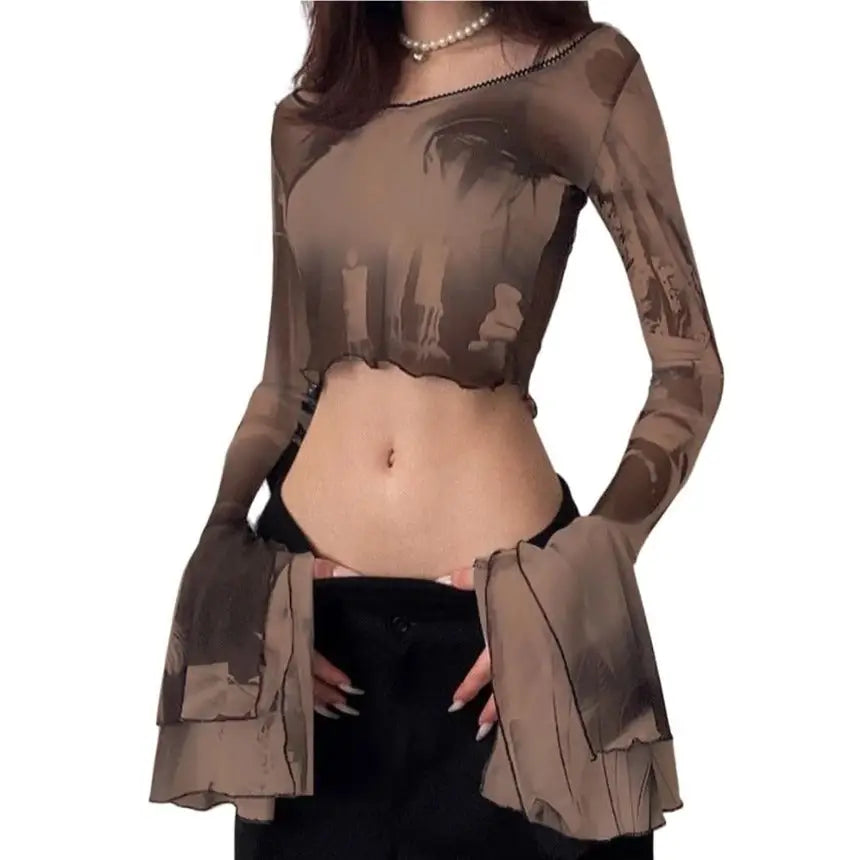 Gothic Punk Aesthetic Mesh Crop Top - Brown / S