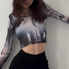 Gothic Punk Aesthetic Mesh Crop Top for Women
