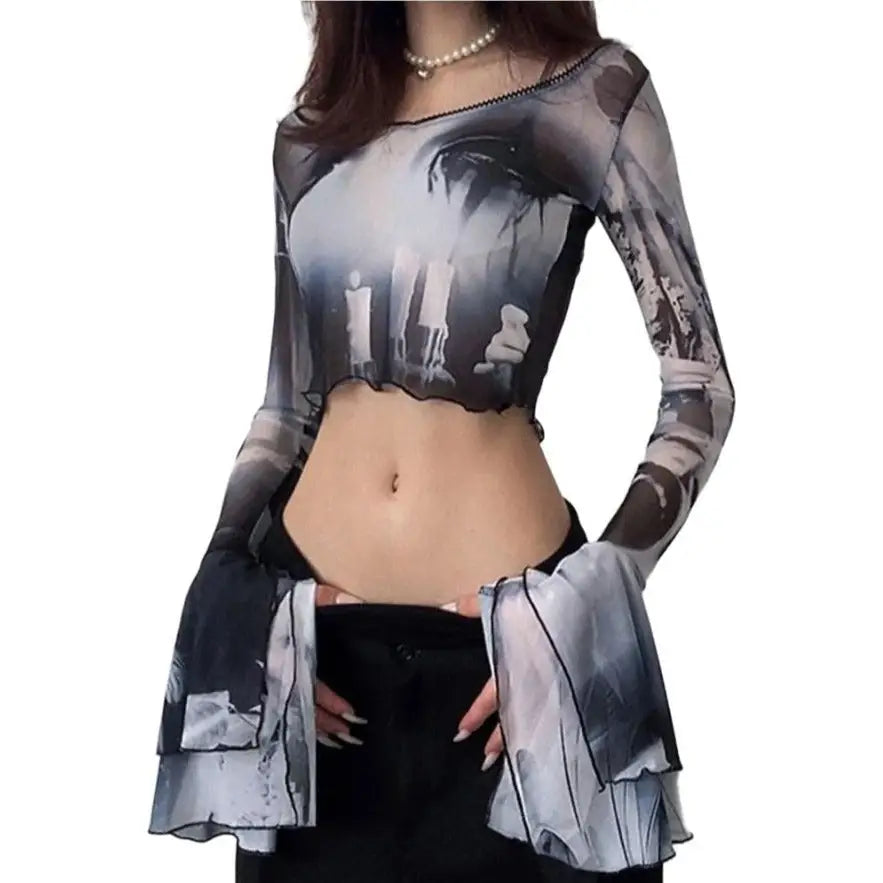 Gothic Punk Aesthetic Mesh Crop Top for Women Black / S
