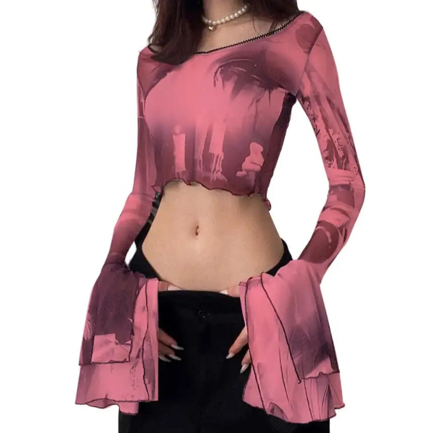 Gothic Punk Aesthetic Mesh Crop Top - Pink / S