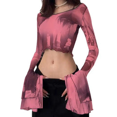 Gothic Punk Aesthetic Mesh Crop Top - Pink / S