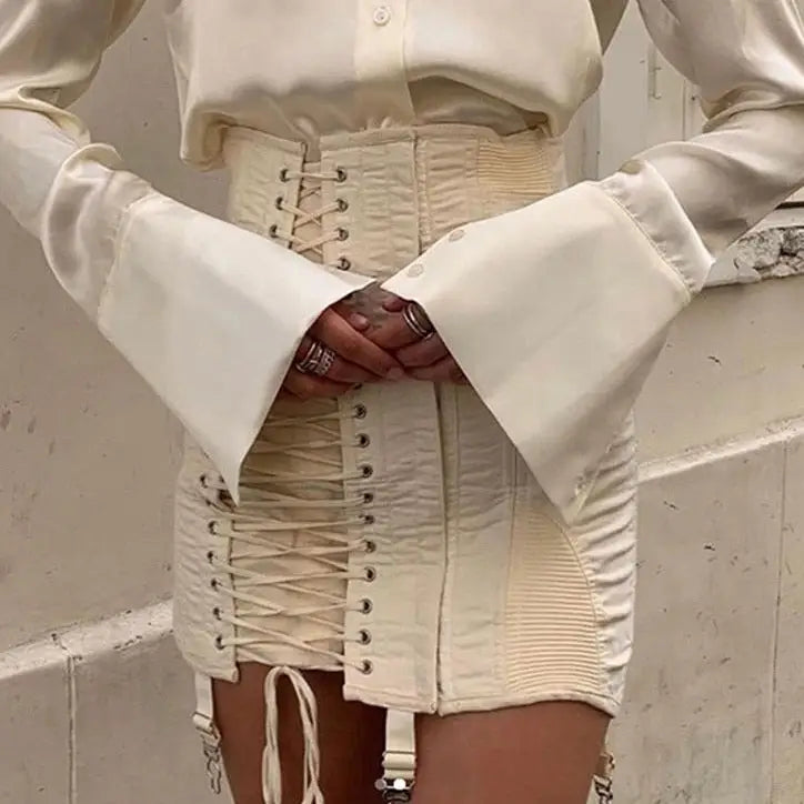 Gothic Punk High Waist Lace Up Mini Skirt Black Beige / S