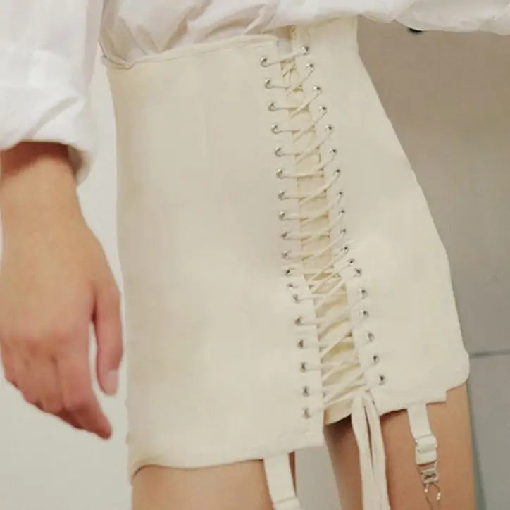 Gothic Punk High Waist Lace Up Mini Skirt Black Beige