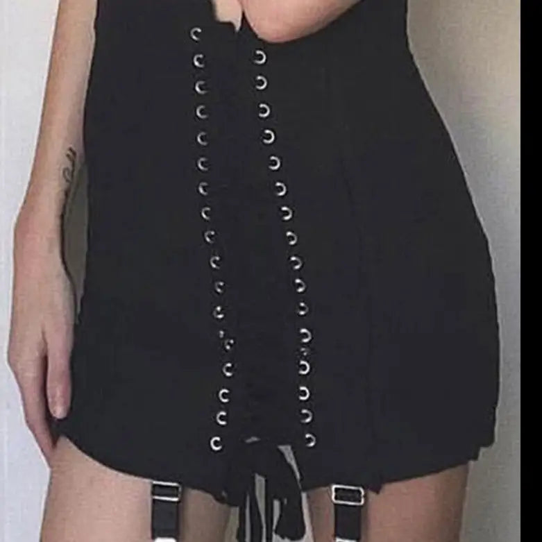 Gothic Punk High Waist Lace Up Mini Skirt Black Beige