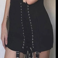 Gothic Punk High Waist Lace Up Mini Skirt Black Beige