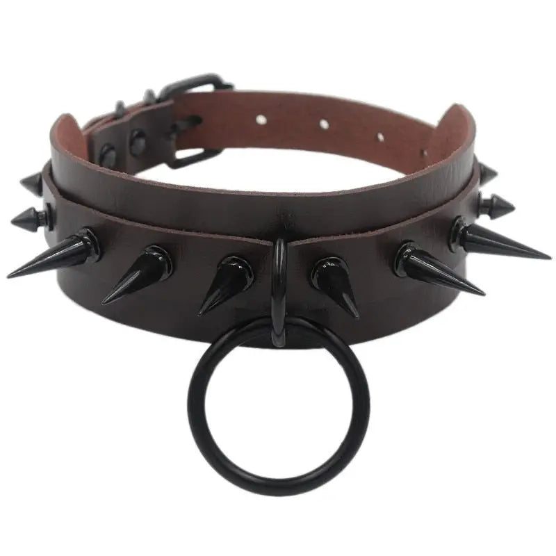 Gothic Punk O-ring Spike Collar Studded - Brown / One Size