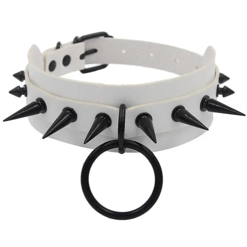 Gothic Punk O-ring Spike Collar Studded - White / One Size