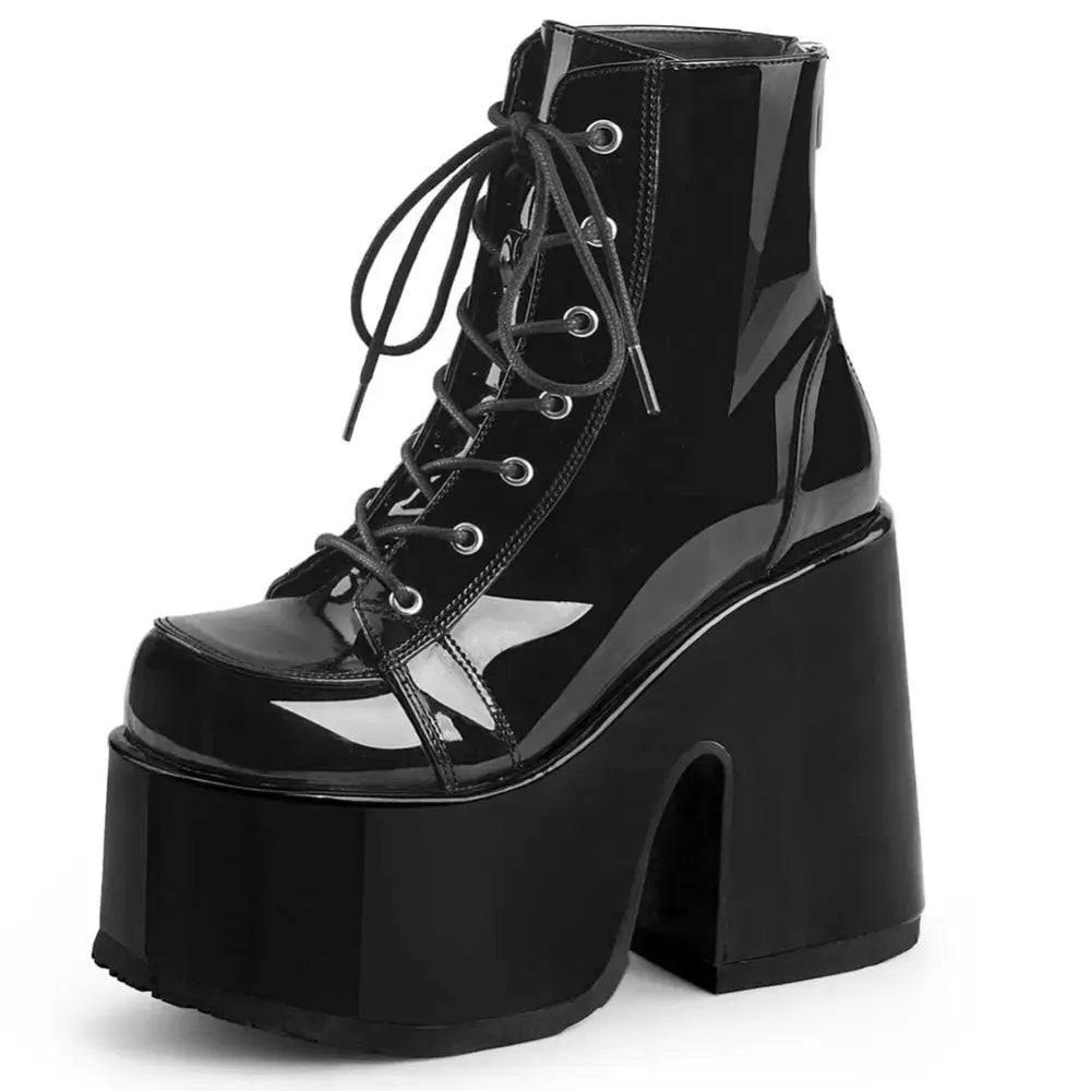 Gothic Round Toe Ankle Shiny Booties - Black / 4 - Boots