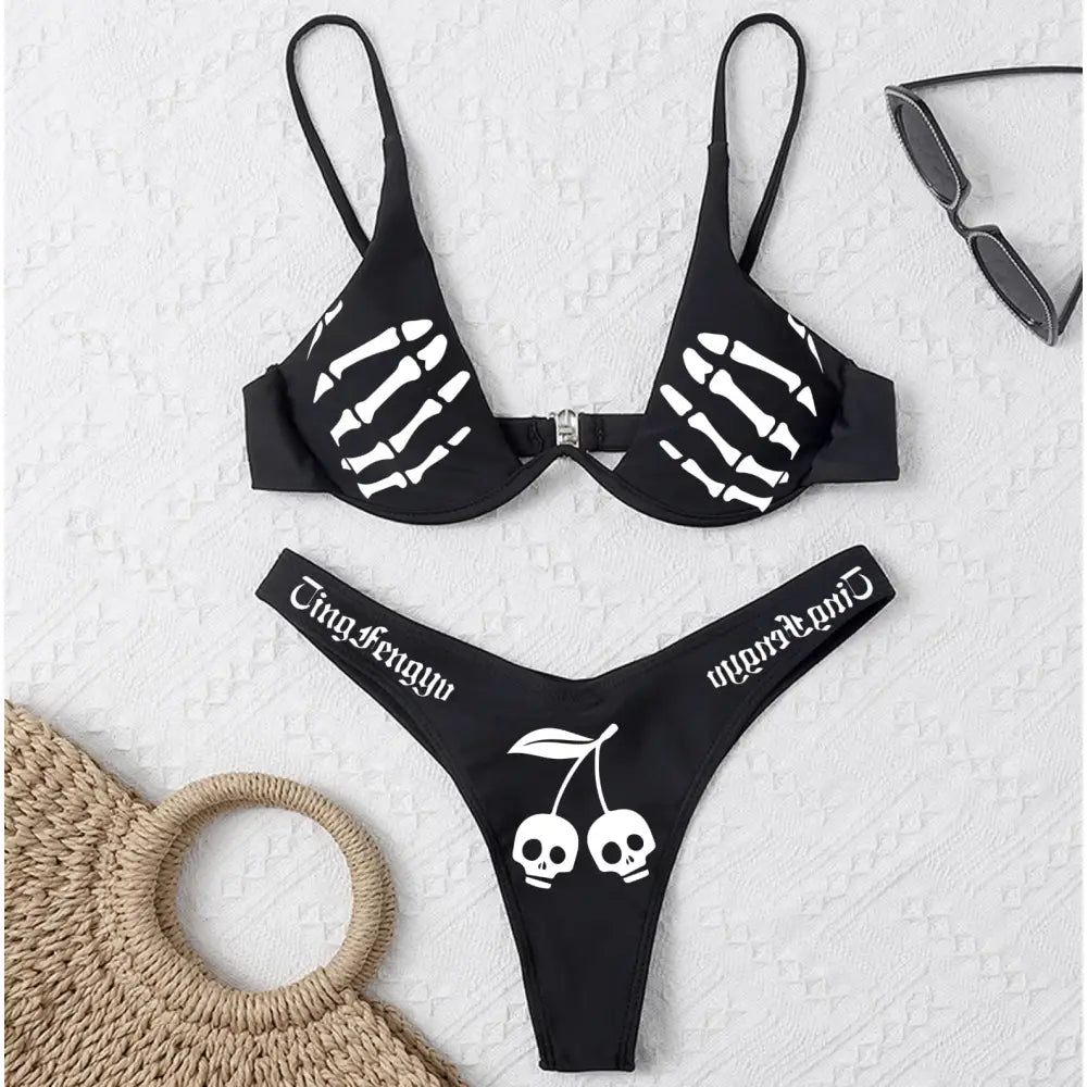 Gothic Skeleton Hand Backless Bikini - Black / S