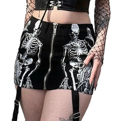 Gothic Skeleton Print Mini Skirt Polyester Slim Fit Black