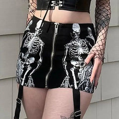 Gothic Skeleton Print Mini Skirt Polyester Slim Fit
