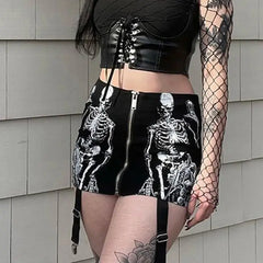 Gothic Skeleton Print Mini Skirt Polyester Slim Fit