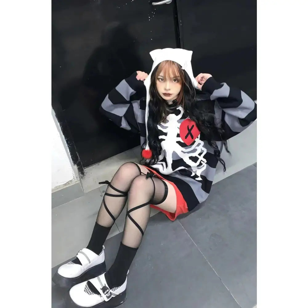 Gothic Skeleton Striped Knitted Sweater for Men and Women
